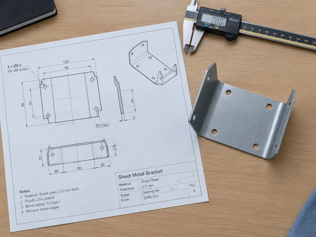 Technische Zeichnung neben dem fertigen Bauteil